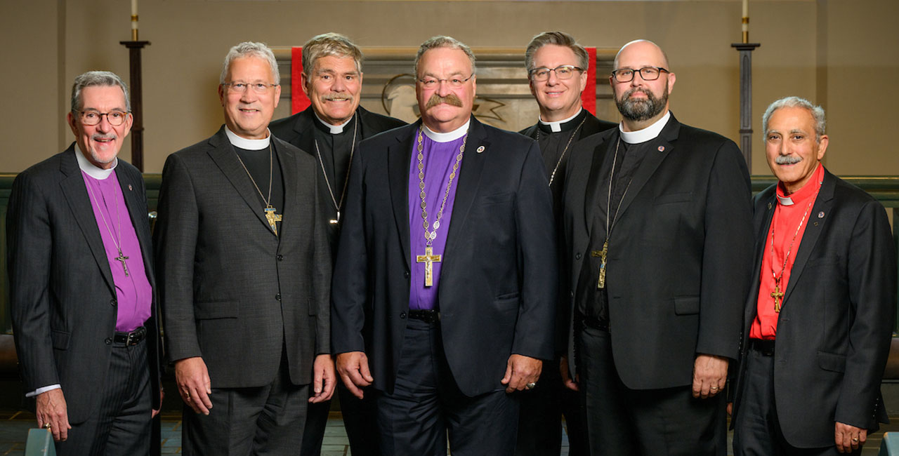 The Lutheran Church-Missouri Synod Praesidium — From left to right: Rev. Dr. Scott R. Murray, LCMS Third Vice-President; Rev. Peter K. Lange, LCMS First Vice-President; Rev. Dr. John C. Wohlrabe Jr., LCMS Sixth Vice-President; Rev. Dr. Matthew C. Harrison, LCMS President; Rev. Christopher Esget, LCMS Fifth Vice-President; Rev. Benjamin T. Ball, LCMS Second Vice-President; and Rev. Nabil S. Nour, LCMS Fourth Vice-President.