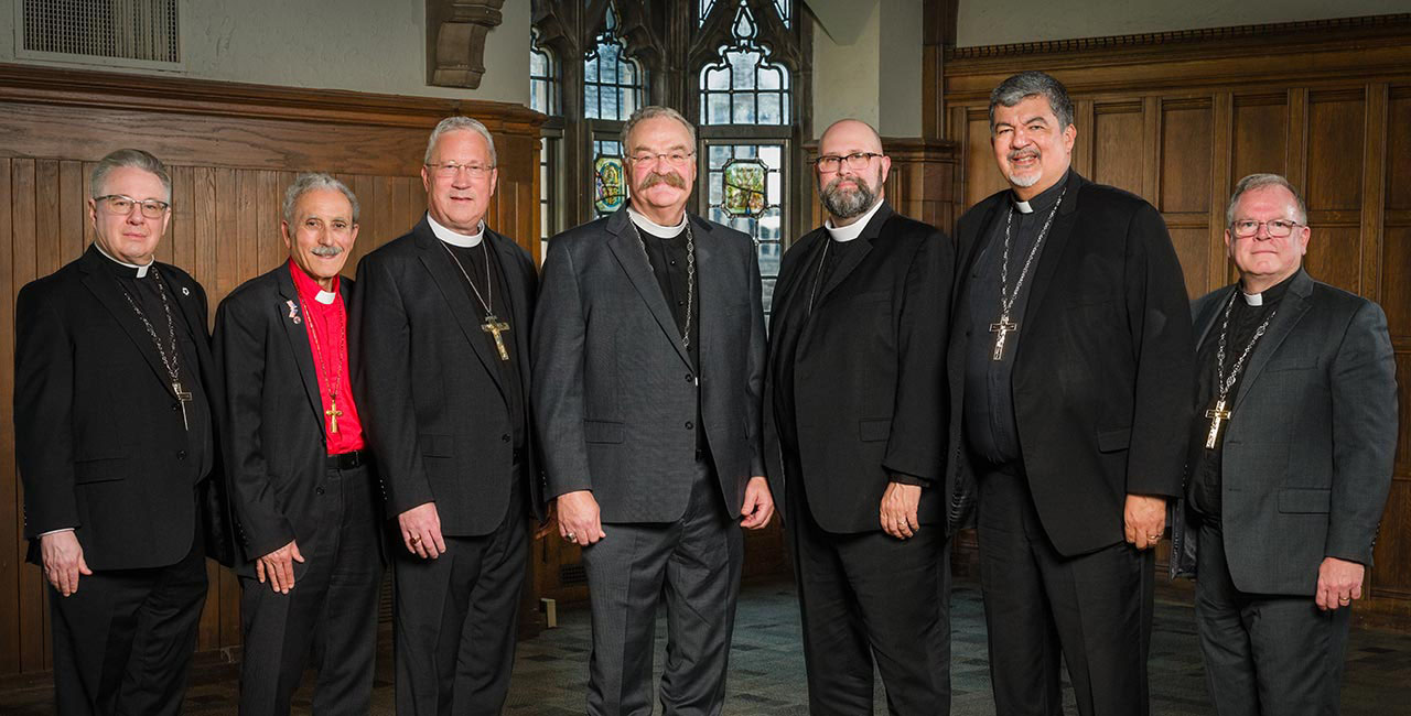 The Lutheran Church-Missouri Synod Praesidium &mdash; From left to right: Rev. Dr. Scott R. Murray, LCMS Third Vice-President; Rev. Peter K. Lange, LCMS First Vice-President; Rev. Dr. John C. Wohlrabe Jr., LCMS Sixth Vice-President; Rev. Dr. Matthew C. Harrison, LCMS President; Rev. Christopher Esget, LCMS Fifth Vice-President; Rev. Benjamin T. Ball, LCMS Second Vice-President; and Rev. Nabil S. Nour, LCMS Fourth Vice-President.